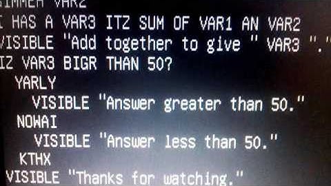 LOLCODE Program to add two numbers, and see if ans gt 50.
