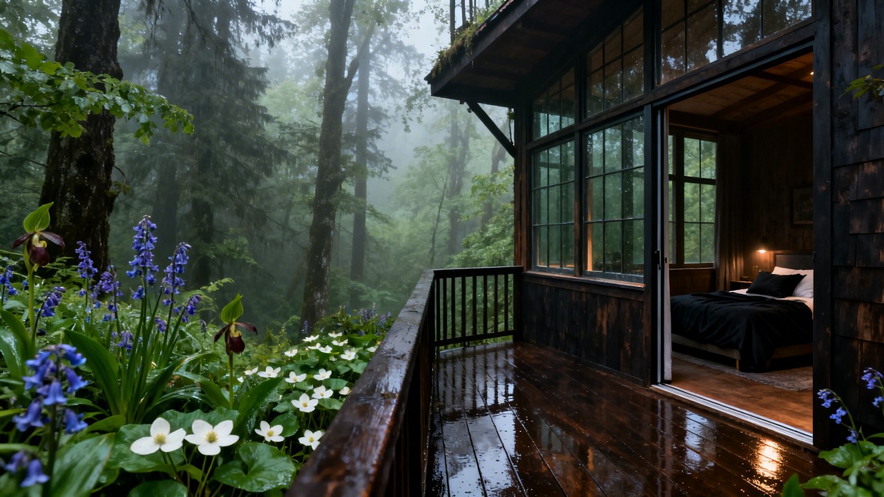 Звуки сильного дождя в лесной хижине: долгие звуки дождя для сна всю ночь.