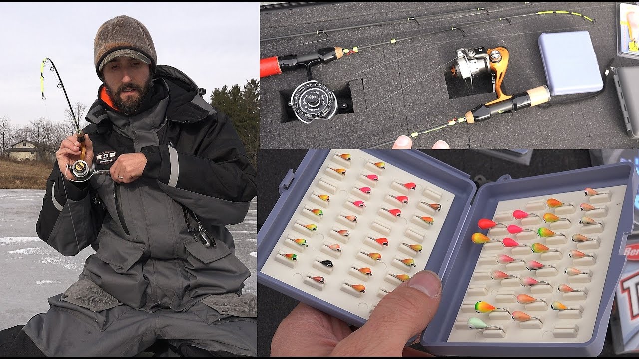 ICE FISHING GEAR & How to Ice Fish - Rods Storage Tackle Reels Lures Jigs  Flasher Striker Suit Auger 