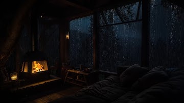 Calming Rain Sounds in The Forest with Cozy Fireplace | Cabin Sleep Night Ambience