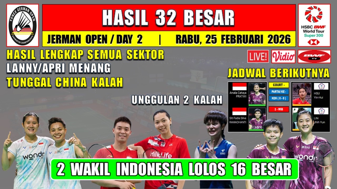 2 WAKIL INDONESIA LOLOS 16 BESAR ~ Hasil 32 Besar Jerman Open 2026 Hari Ini ~ LANNY/APRI MENANG
