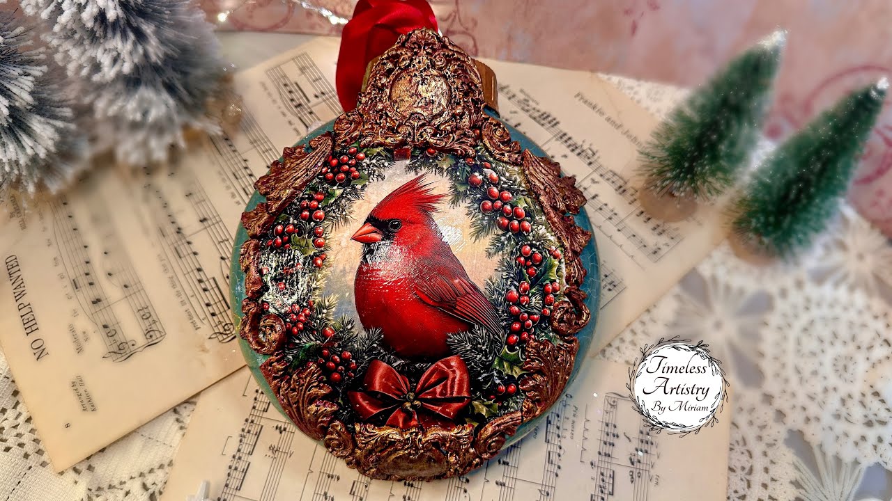 Vintage Cardinal Christmas Jumbo Ornament |  Crackle Finish & Vintage Details