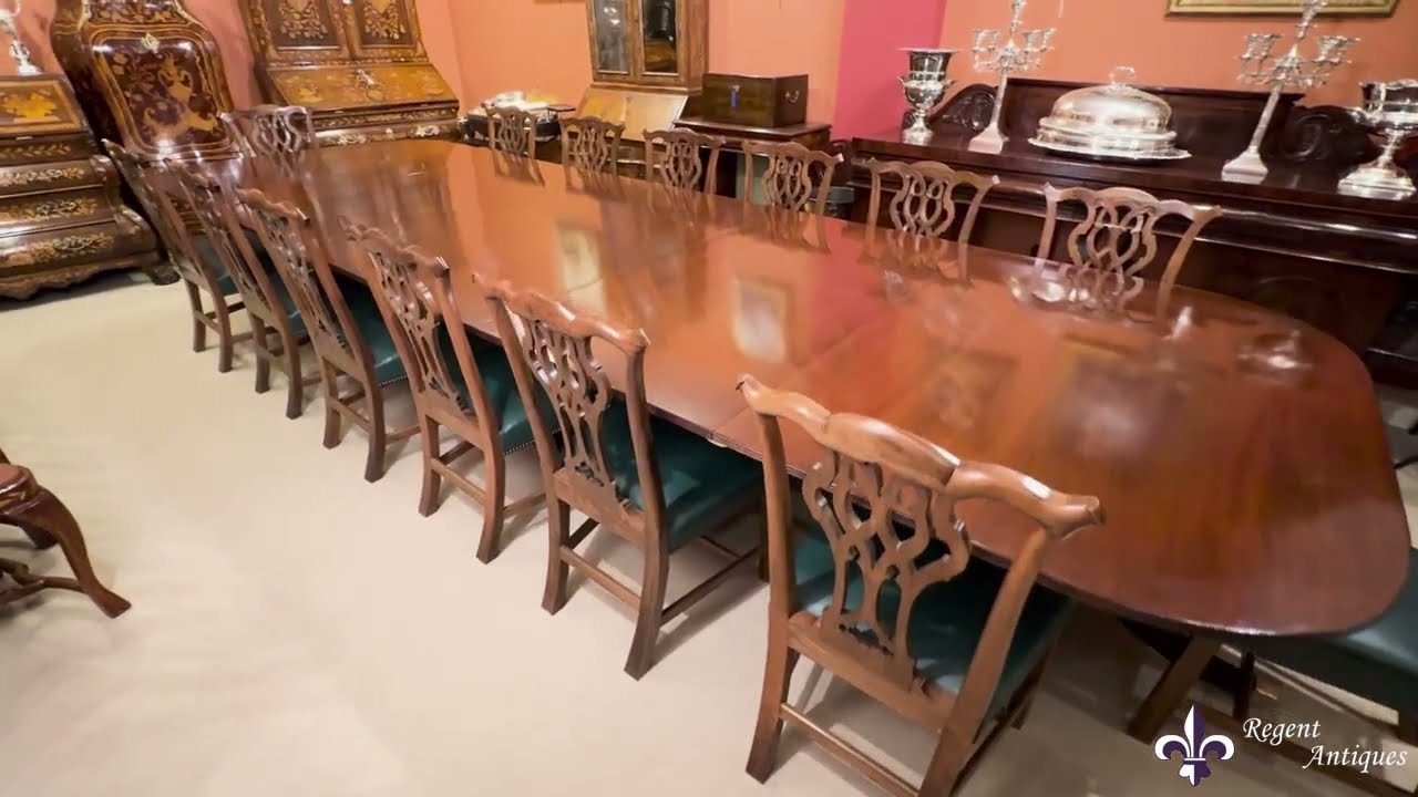 Antique 15ft George III Style Triple pillar dining table 20th Century & 14 chairs