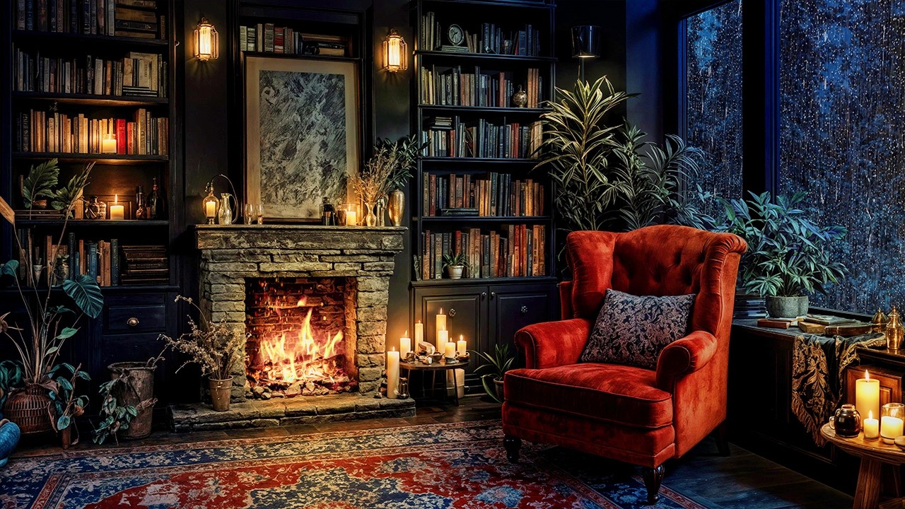 Dark Academia Library Night – Rain on Windows & Fireplace Ambience (10 Hours, 4K)