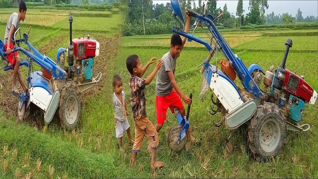 ছোট ৩ ভাই মিলে পাওয়ার টিলার ছোট চাকা লাগিয়ে জমি চাষ করার সময় || দক্ষ ড্রাইভিং টিলার ট্রাক্টর