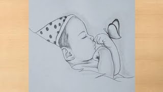 pencil drawing of cute sleeping baby / baby drawing with butterfly