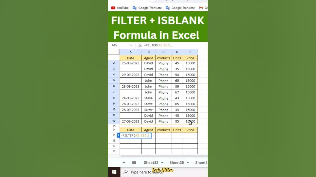 Filter isblank formula in excel youtube