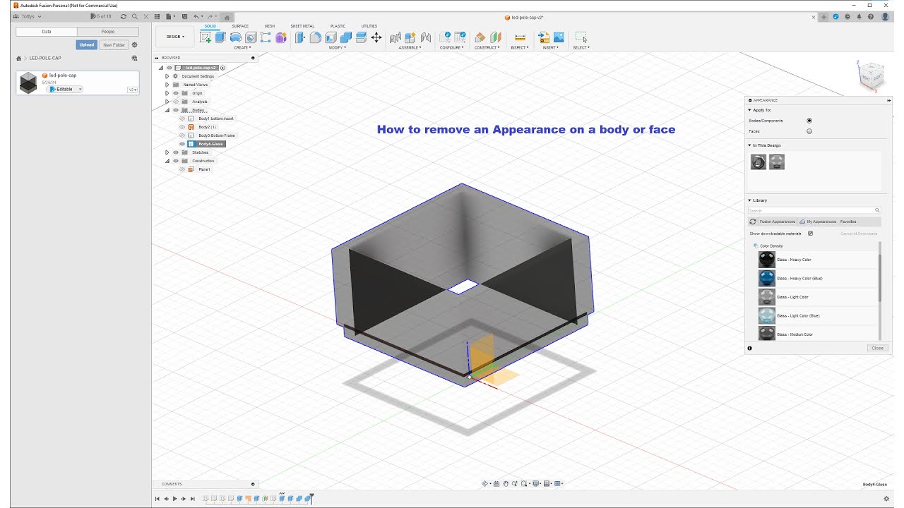 Fusion 360 - How to remove an Appearance color or texture from body or face object.