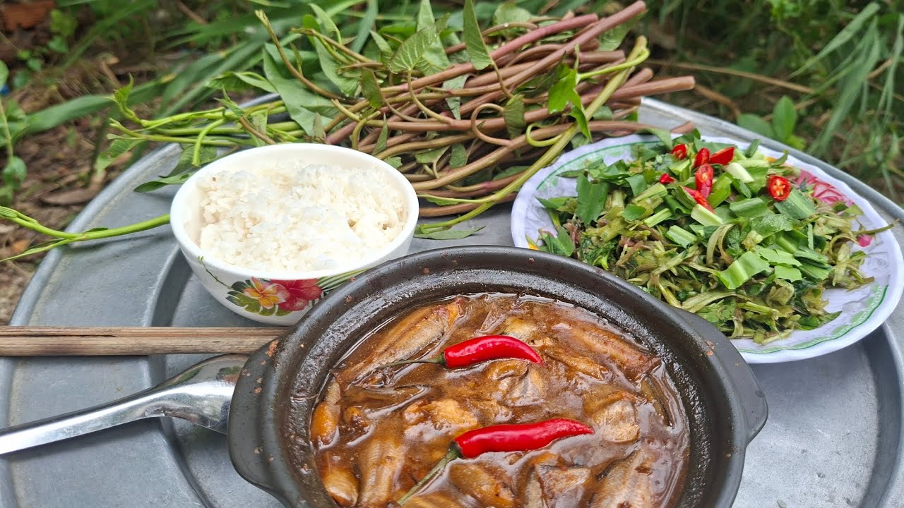 TƯ LANG THANG# ĂN CƠM MỘT MÂM RAU MUỐNG ĐỎ CHÂM CÁ CHỐT KHO MẮM HẾT SẠCH