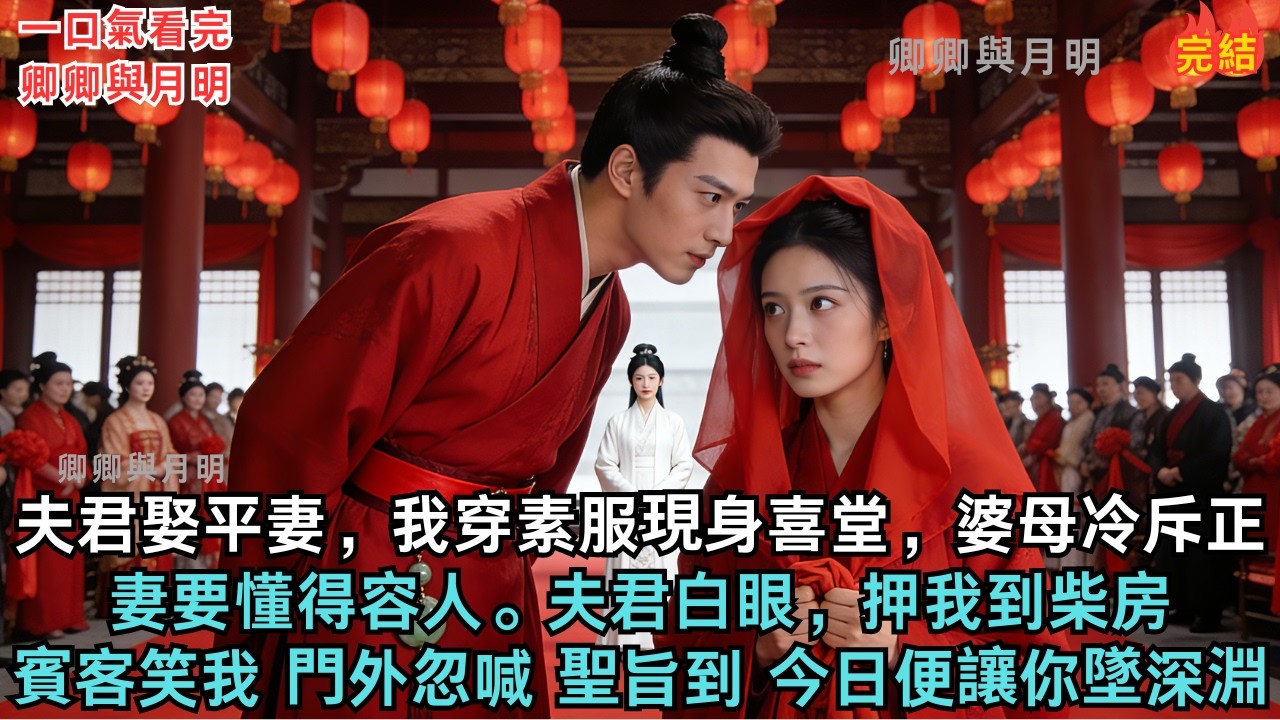 夫君娶平妻，我穿素服現身喜堂，婆母冷斥「正妻要懂得容人」夫君白眼，押我到柴房。賓客笑我，門外忽喊「聖旨到」今日便讓你墜深淵！
