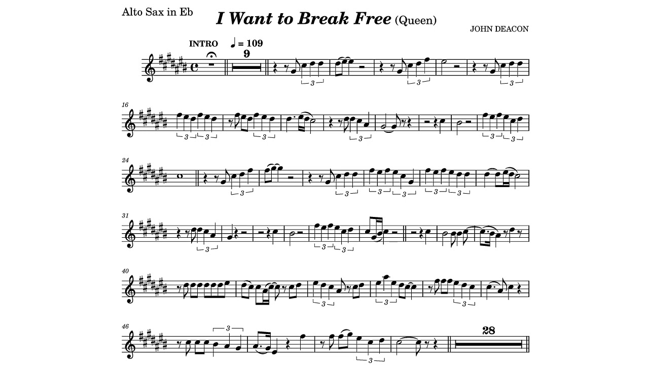 I Want to Break Free - Queen - Sheet Music + Alto Sax Play Along (original key)