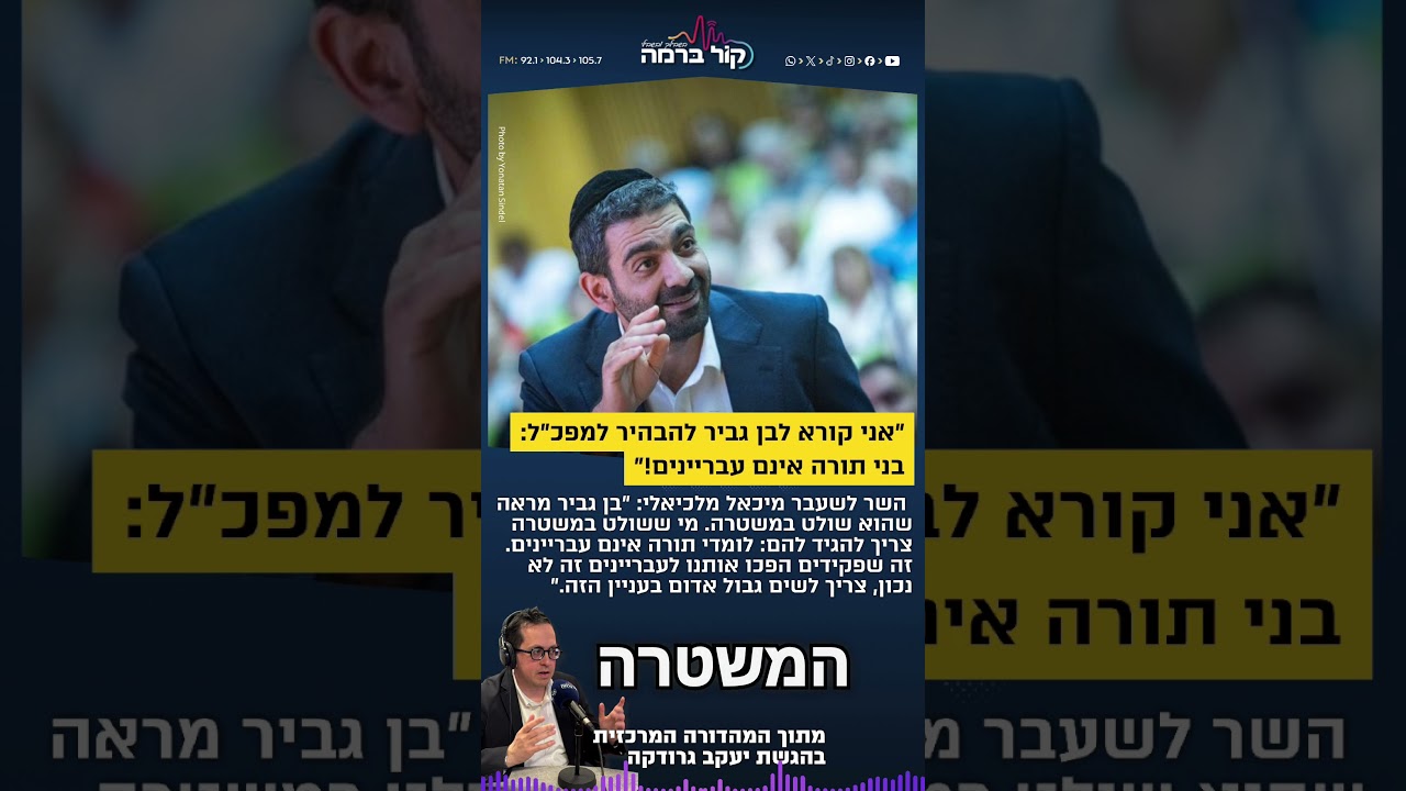 "בן גביר צריך לקרוא לסדר את המפכ"ל ולהבהיר: בני תורה אינם עבריינים!"