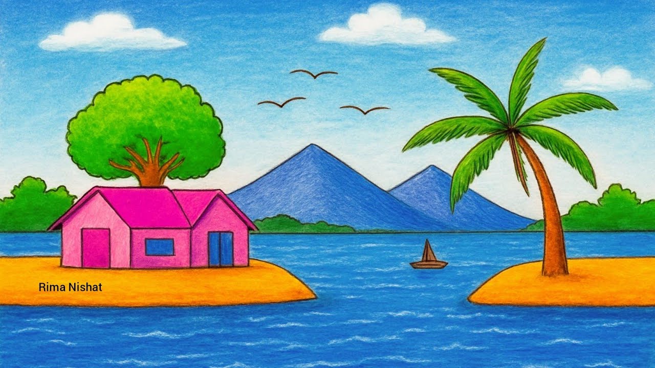 How to Draw Colorful Village Scenery | Easy Art Tutorial for Beginners ...