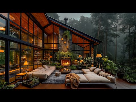 Cozy Porch Jazz Rainy Day Forest Retreat with Fireplace & Gentle Rain Sounds - Relaxing Music 🌧️🎵