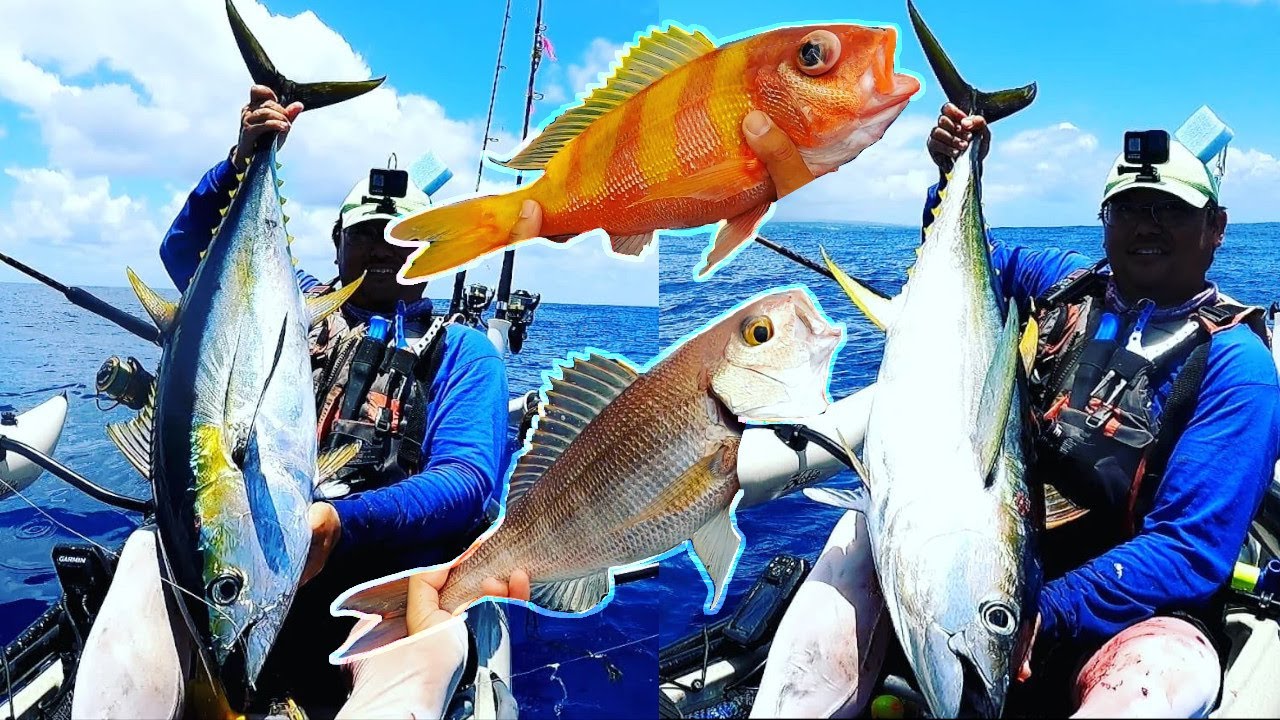 Hawaii Kayak Fishing Double Yellowfin Tuna and Deep Drop Success! Gindai + Opakapaka + Hogo