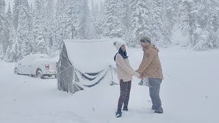 Hot Tent Winter Camping Snow Storm | Camping in Rain & Snow