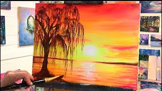 HOW TO PAINT THE EASIEST SUNSET & WEEPING WILLOW TREE! step by step In Acrylic PAINTING