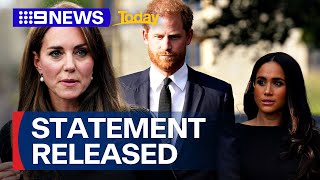 Prince Harry and Meghan release statement following Kate's cancer diagnosis | 9 News Australia