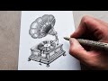 Fineliner Drawing A Gramophone With Leaking Vinyl Disk | Stippling Ink Artwork | No Talking