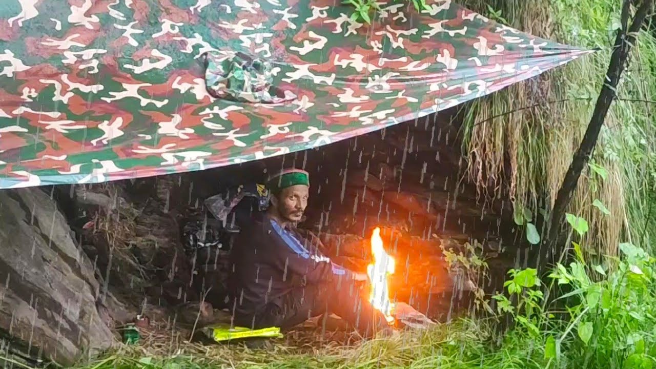 Solo camping in heavy rain | shelter under the cliff | Bushcraft | ASMR ...
