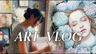 【Art Vlog】Tips for drawing hydrangea easily| Transparent watercolor making| Hydrangea Garden|Eng sub