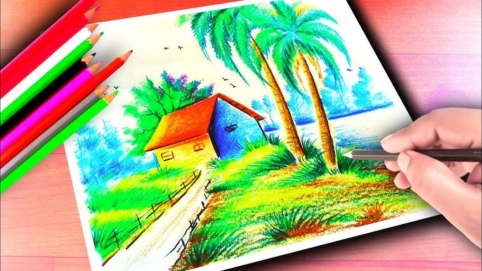 Beautifully Village Scenery drawing with Dom's coloured pencils//Nature  Drawings With Colour Pencil