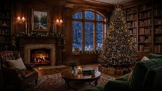 Christmas Night in the Library | Cozy Fireplace & Snowy Winter Ambience