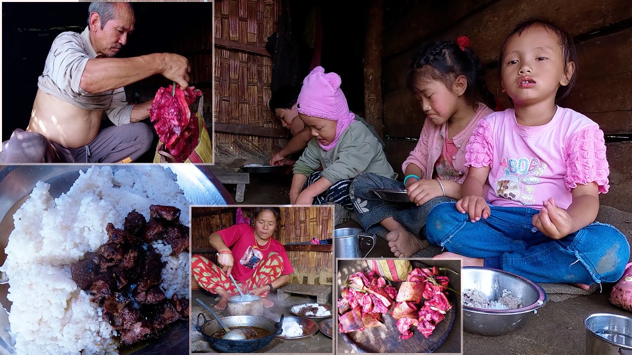 jungle man takes pork from village for his family || family in the jungle || jungle family cooking