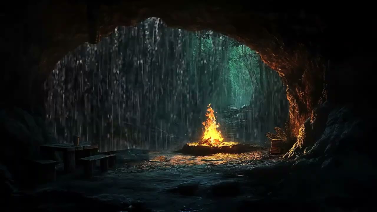 Relaxing Rainstorm and Warm Fire in a Secluded Forest Cave Hideaway | Sleep Relax Calm Focus Study