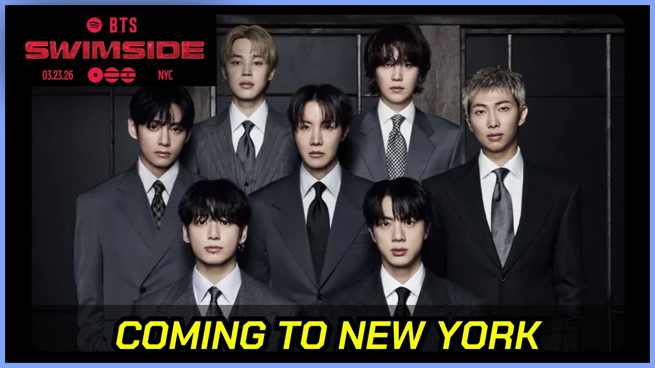 BTS members' individual and group Spotify messages with ARIRANG album branding, and a confirmation graphic for an NYC performance.