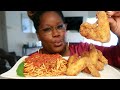 SPAGHETTI AND FRIED CHICKEN COMFORT FOOD COOKING AND EATING