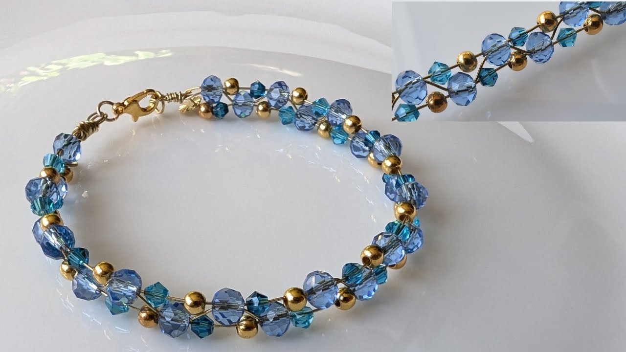 How to make sophisticated light blue and gold bracelet jewelry | beading and wire easy to do