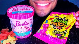 ASMR BARBIE SOUR PATCH KIDS PINK PARTY CAKE POP ICE CREAM CHEWY CANDY EATING SOUNDS NO TALKING MUKBA