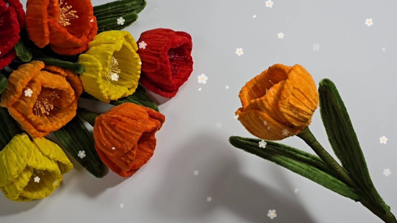 Set di Scovolini per Bouquet Fiori di Tulipani Scovolini per Fiori Artigianali Scovolini in Filo di Ciniglia Set di Fiori Rosa con Filo Verde Artigianale, Carta da Imballaggio, Nastro Regalo per DIY