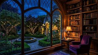 Midnight Library Ambience 🌙 Calm Piano Music &amp; Secret Garden View for Deep Relaxation⁠