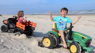 Playing with tractors on the beach | Playing in the dirt and sand with tractors for kids