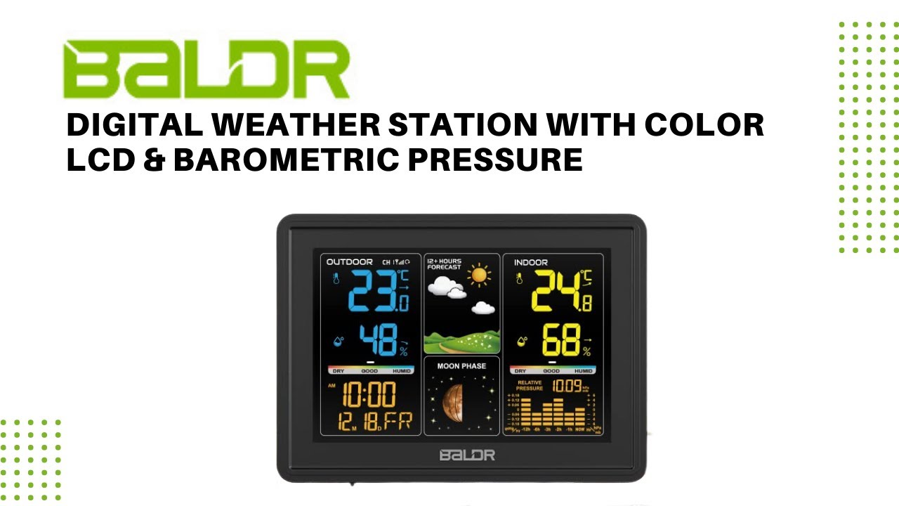 BALDR Weather Station with Indoor Outdoor Thermometer In Digital Color LCD  & Barometric Pressure 