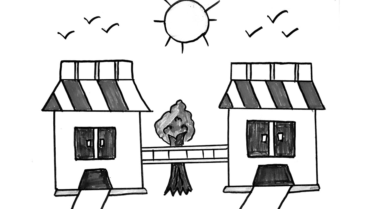 Easy Scenery Drawing with Two Houses and a Sun ☀️