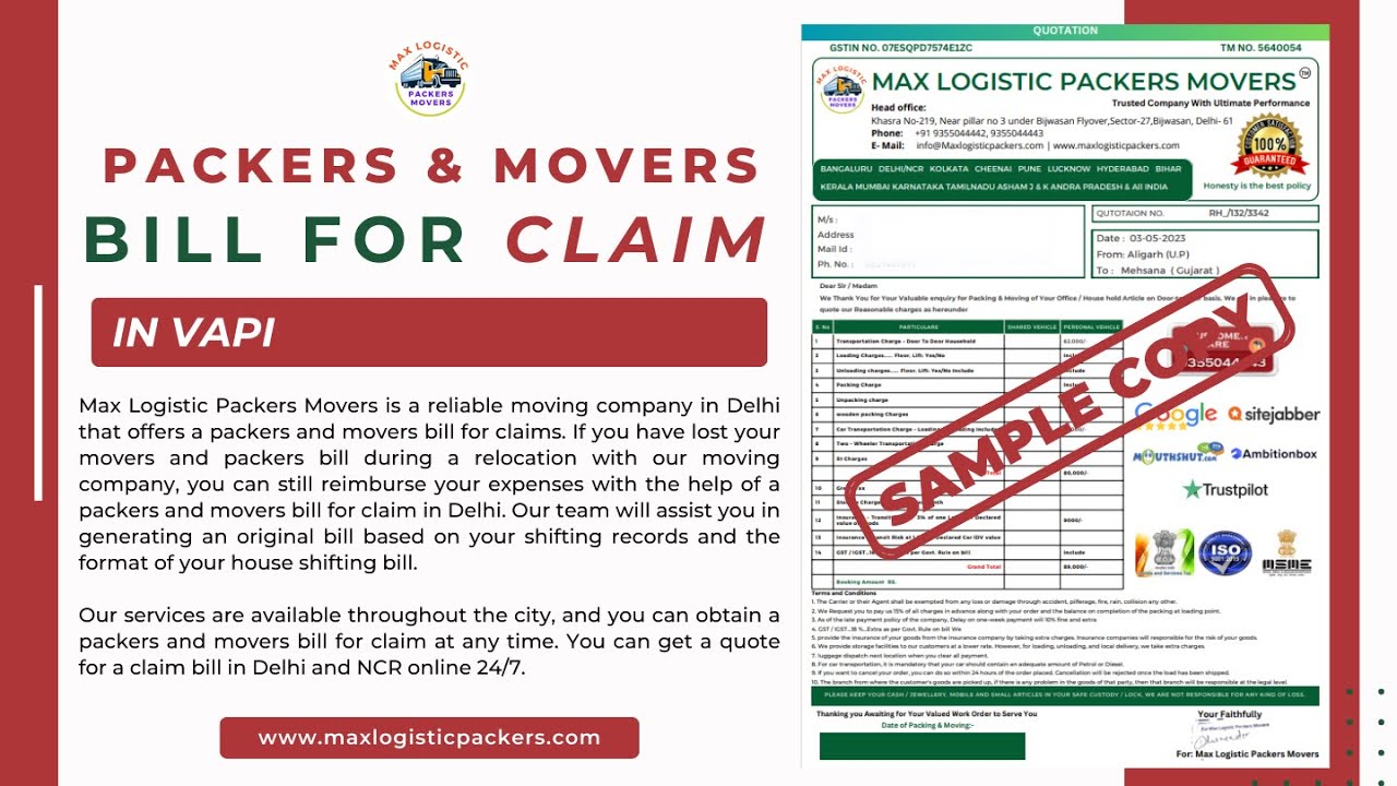 Packers And Movers Bill For Claim In Vapi Max Logistic Packers Movers