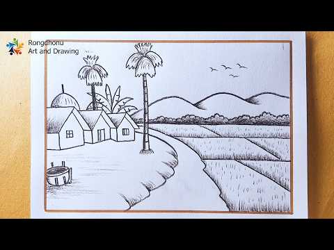 Beautiful Village Scenery Drawing with Pencil | Bangladesh Village Landscape Drawing