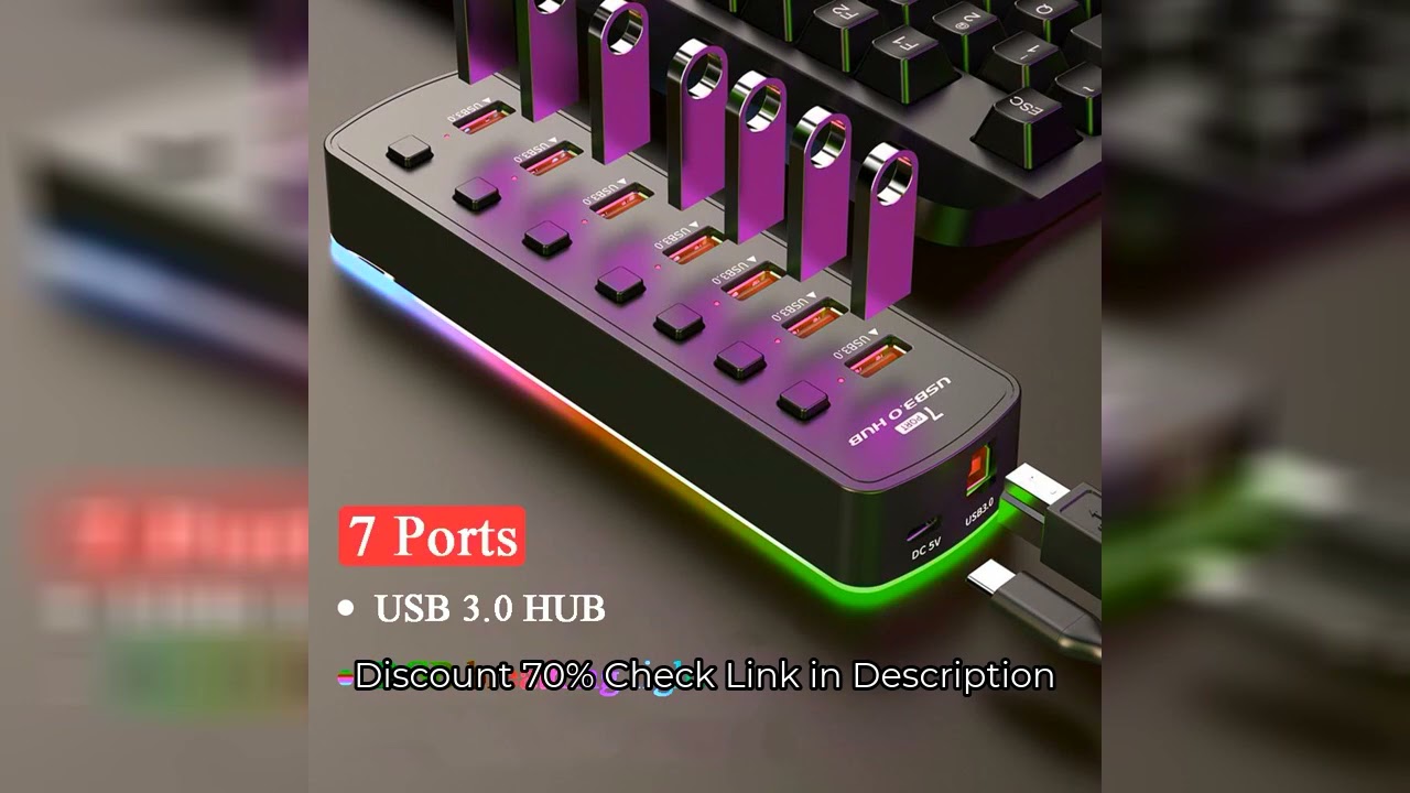RGB USB 3.0 Hub 7 Ports Data Port Adapter 5Gbps Individual On/Off Switch Splitter Gaming USB Hub For
