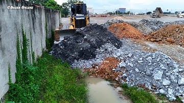 Amazing Landfill Task Using Shantui DH17C3 Dozer Push Stone into Flood Block with Dump Truck