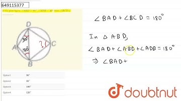 In the given figure, angleABD=70^(@),angleADB=30^(@)Then, angleBCD is ___________.  | CLASS 9 | ...