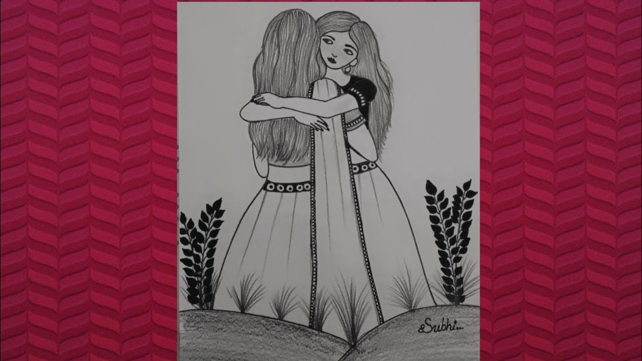 How to Draw a Girl True Best Friend Hug, pencil sketch for beginner ...