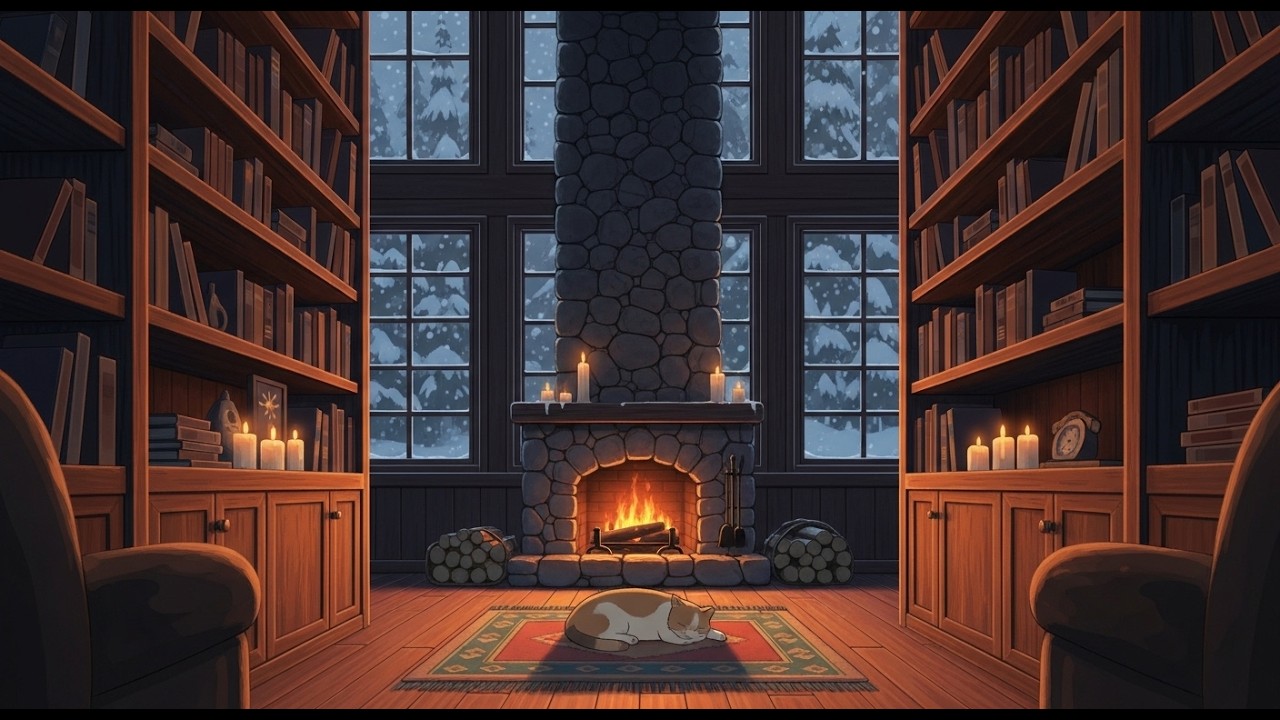 Rainy Evening Fireplace Ambience 🌧️ Sleepy Cat Lofi for Focus & Rest