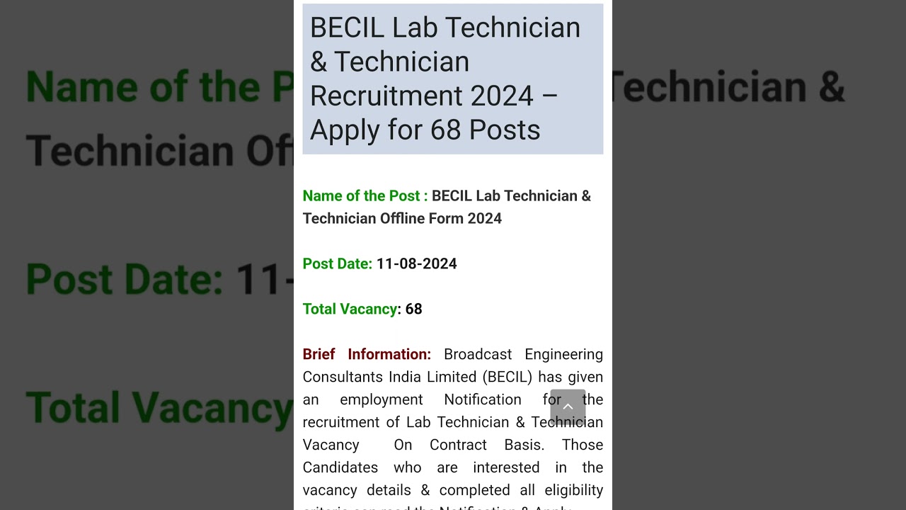 BECIL Lab Technician & Technician Recruitment 2024- Apply for 68 Posts