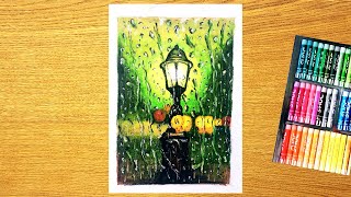 Drawing a rainy night with oil pastels step by step for beginner || rainy season oil pastels drawing