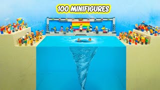 100 Minifigures Faced With Danger Of A Giant Water Vortex - Lego Dam Breach Experiment VS Vortex