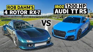 Rob Dahm vs Hank Iroz! 1200hp Audi TT RS drag races 4 Rotor RX-7 // THIS vs DAHM