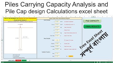 Piles Carrying Capacity Analysis and Pile Cap Design Calculations Excel Sheet (Free Excel)